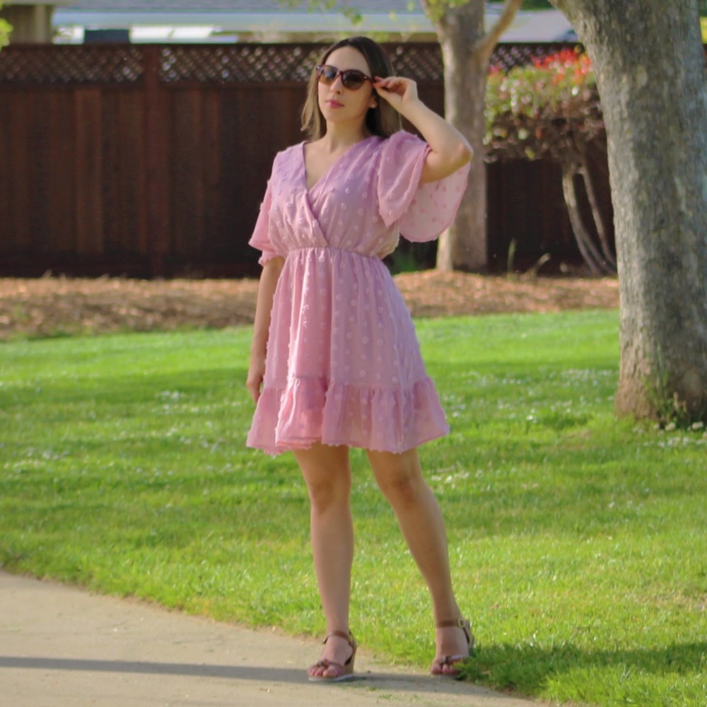Dusty Pink Swiss dot ruffled hem dress
